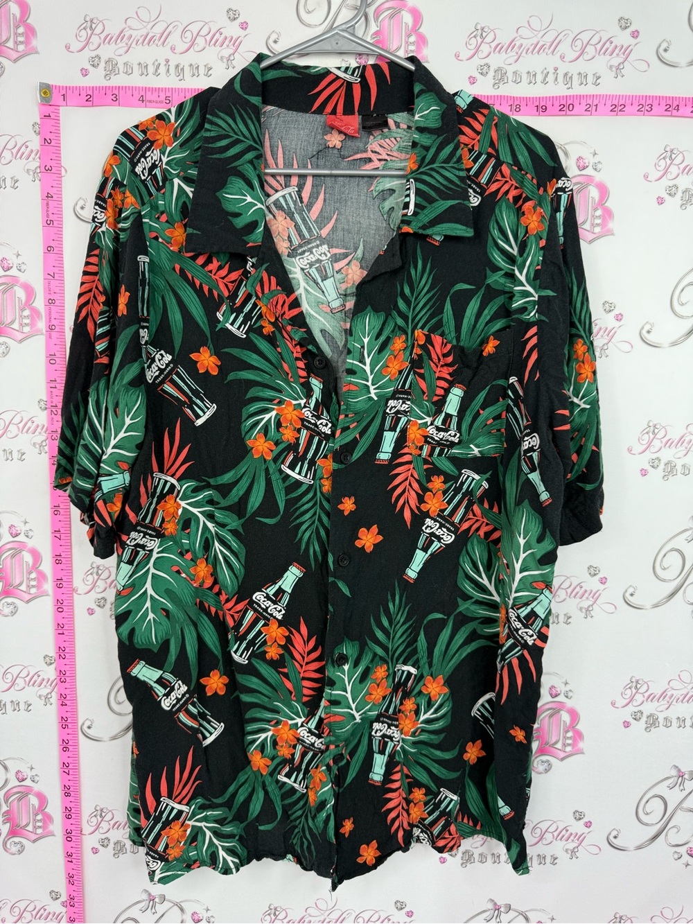 Coca Cola Black Tropical Button-Up Shirt with Green and Orange Print